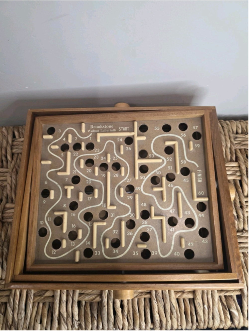 Vintage Brookstone Walnut Labyrinth Dexterity Puzzle Game Wood W/ Marble Maze
